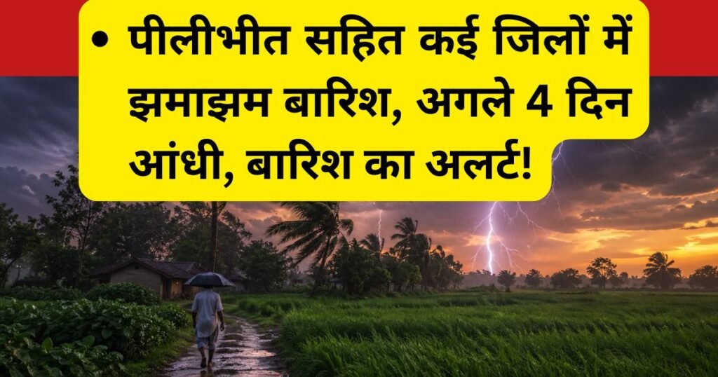 पीलीभीत सहित यूपी के कई जिलों में तेज हवाओं और बारिश का दौर। जानिए अगले 4 दिनों तक उत्तर प्रदेश के मौसम, बारिश और तापमान का ताजा अपडेट।