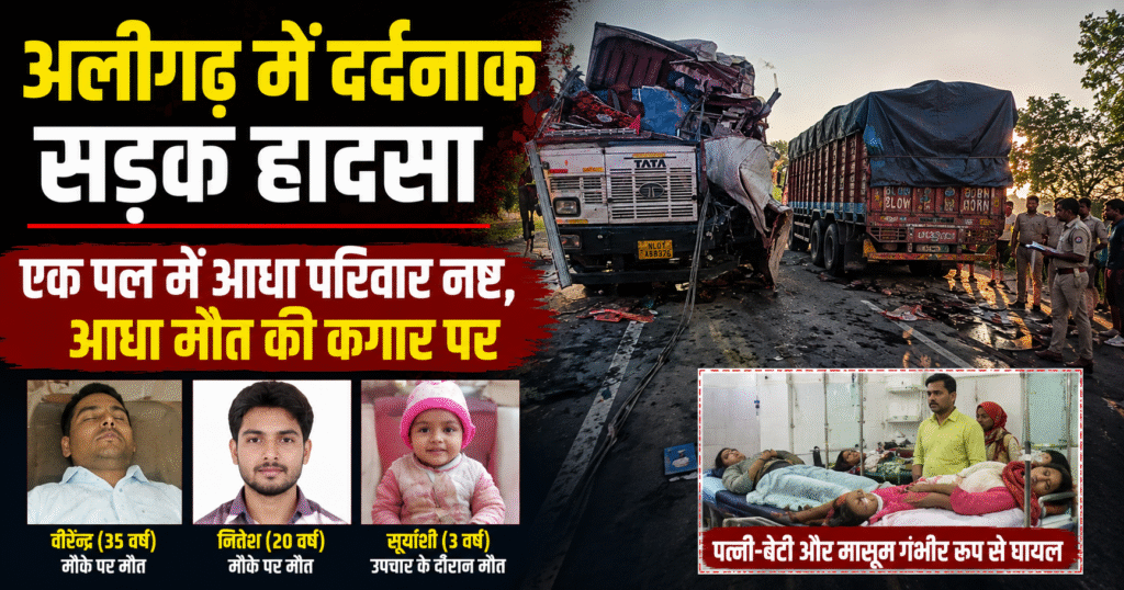 अलीगढ़ के NH-34 पर भीषण सड़क हादसे में एक ही परिवार के 3 लोगों की मौत, जबकि 3 अन्य घायल। चालक को झपकी आने से हुआ हादसा।