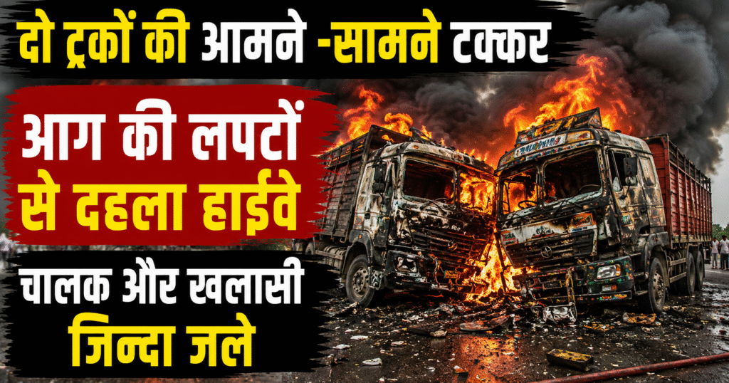 गोरखपुर में कुशीनगर-लखनऊ फोरलेन पर दो ट्रकों की भीषण टक्कर के बाद आग लग गई, हादसे में चालक और खलासी की मौत हुई।