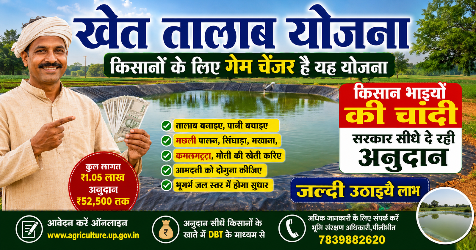 पीलीभीत में किसानों के लिए शुरू हुई खेत तालाब योजना, सरकार दे रही 52,500 रुपये तक अनुदान। जल्दी आवेदन करें वरना मौका छूट जाएगा।