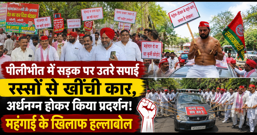 पीलीभीत में महंगाई के खिलाफ सपा का जोरदार प्रदर्शन, रस्सों से खींची कार, अर्धनग्न कार्यकर्ता और भाजपा सरकार पर तीखे हमले। जानिए पूरी रणनीति।