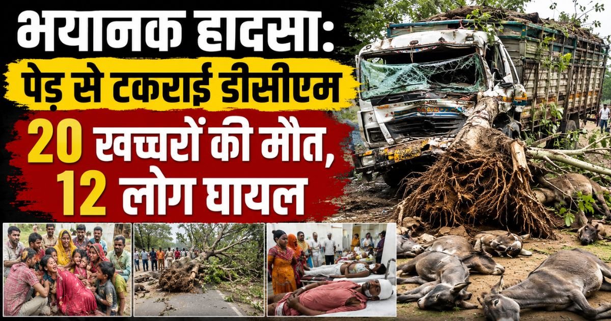 UP News: Mahoba में तेज रफ्तार DCM बरगद के पेड़ से टकराई। हादसे में 20 खच्चरों की मौत हुई और एक ही परिवार के 12 लोग घायल हो गए।