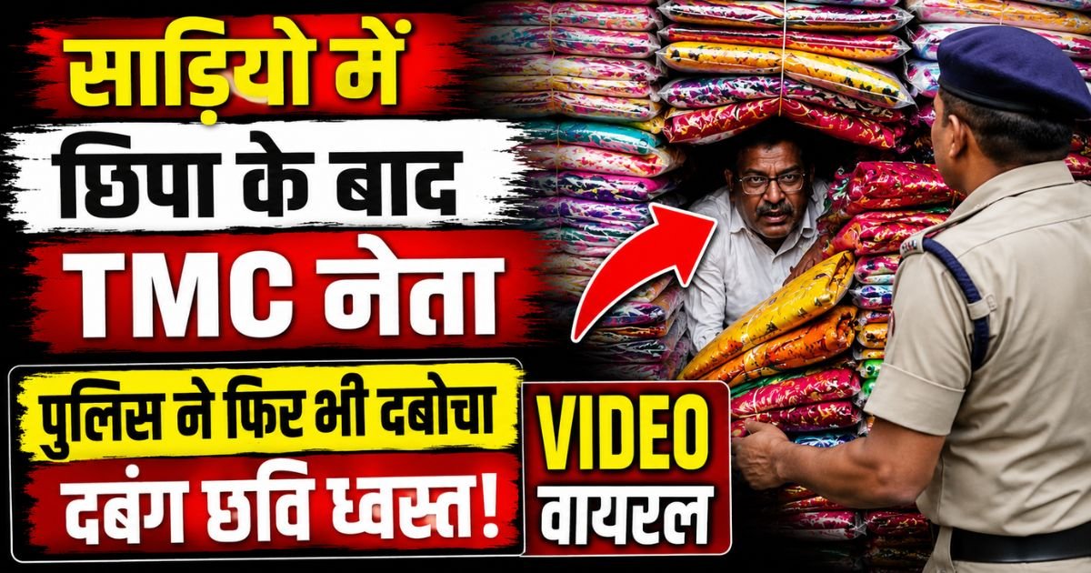 हावड़ा में साड़ियों के ढेर में छिपे TMC नेता ब्रह्मानंद चक्रवर्ती को पुलिस ने गिरफ्तार किया। कार्रवाई का वीडियो सोशल मीडिया पर वायरल।