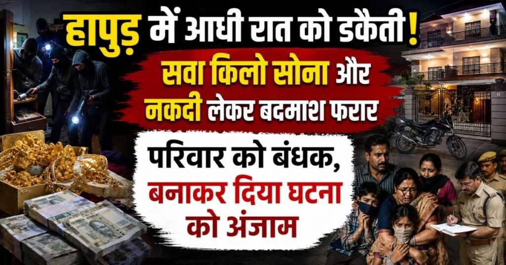 हापुड़ में उद्योगपति के घर घुसकर बदमाशों ने परिवार को बंधक बनाया और सवा किलो सोना व लाखों की नकदी लूटकर फरार हो गए।