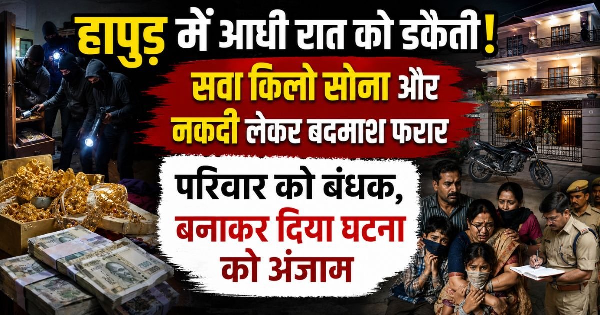 हापुड़ में उद्योगपति के घर घुसकर बदमाशों ने परिवार को बंधक बनाया और सवा किलो सोना व लाखों की नकदी लूटकर फरार हो गए।