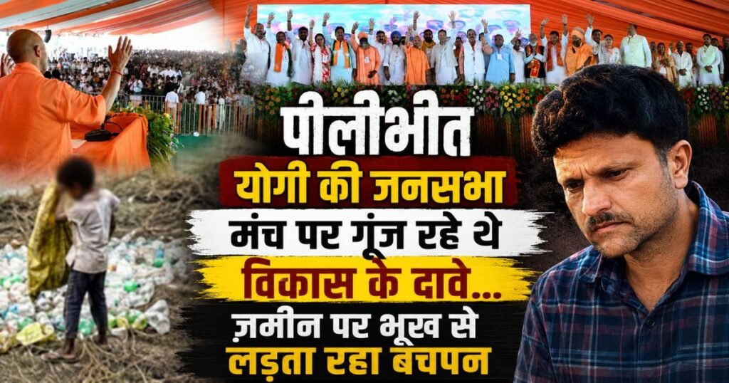 पीलीभीत में योगी आदित्यनाथ की जनसभा के बीच एक मासूम खाली बोतलें बटोरता मिला। विकास के दावों के बीच भूख से जूझते बचपन की मार्मिक तस्वीर।