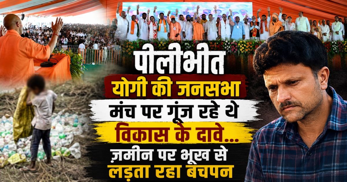 पीलीभीत में योगी आदित्यनाथ की जनसभा के बीच एक मासूम खाली बोतलें बटोरता मिला। विकास के दावों के बीच भूख से जूझते बचपन की मार्मिक तस्वीर।