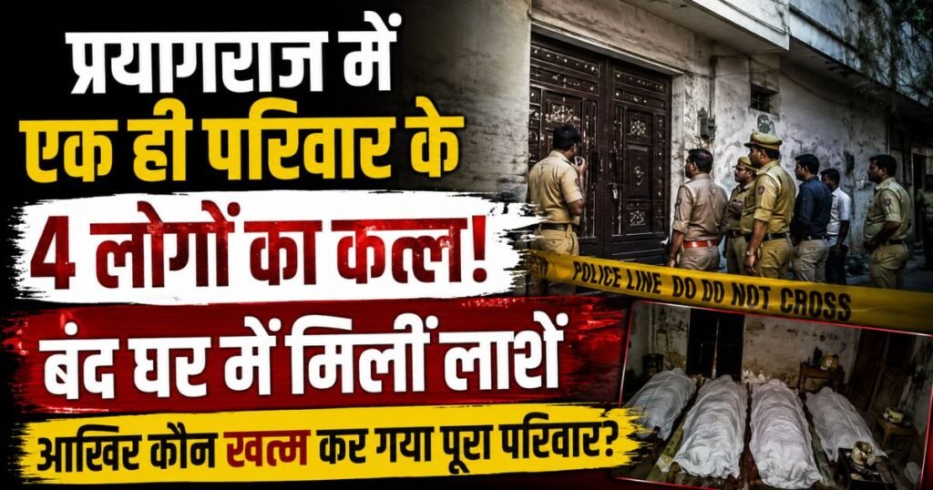प्रयागराज में एक ही परिवार के 4 लोगों के शव बंद मकान से मिलने से सनसनी। पुलिस हत्या के कारणों, लापता सदस्य और अन्य पहलुओं की जांच में जुटी।