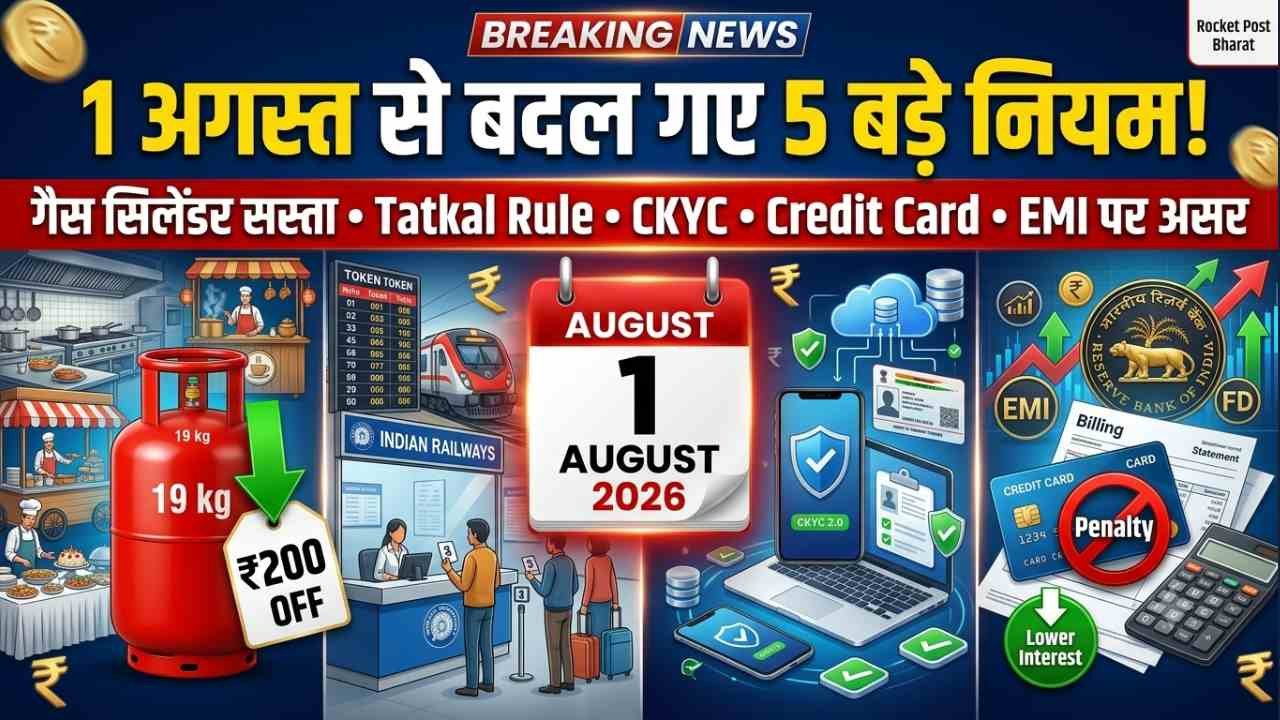 August 2026 से बदल गए 5 बड़े नियम: गैस सिलेंडर हुआ सस्ता, रेलवे तत्काल टिकट, CKYC और क्रेडिट कार्ड रूल्स में बदलाव