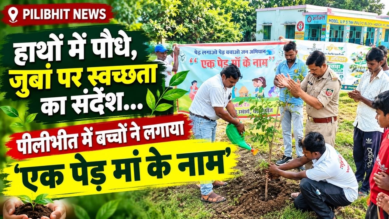 Pilibhit News: हाथों में पौधे, जुबां पर स्वच्छता का संदेश... पीलीभीत में बच्चों ने लगाया ‘एक पेड़ मां के नाम’..